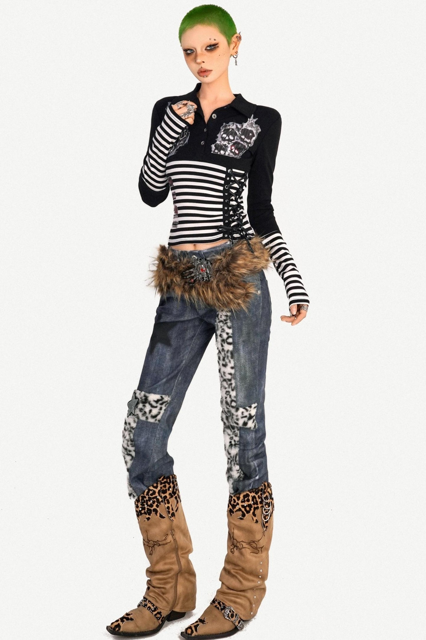 Light Punk Striped Patchwork Long Sleeve T-Shirt