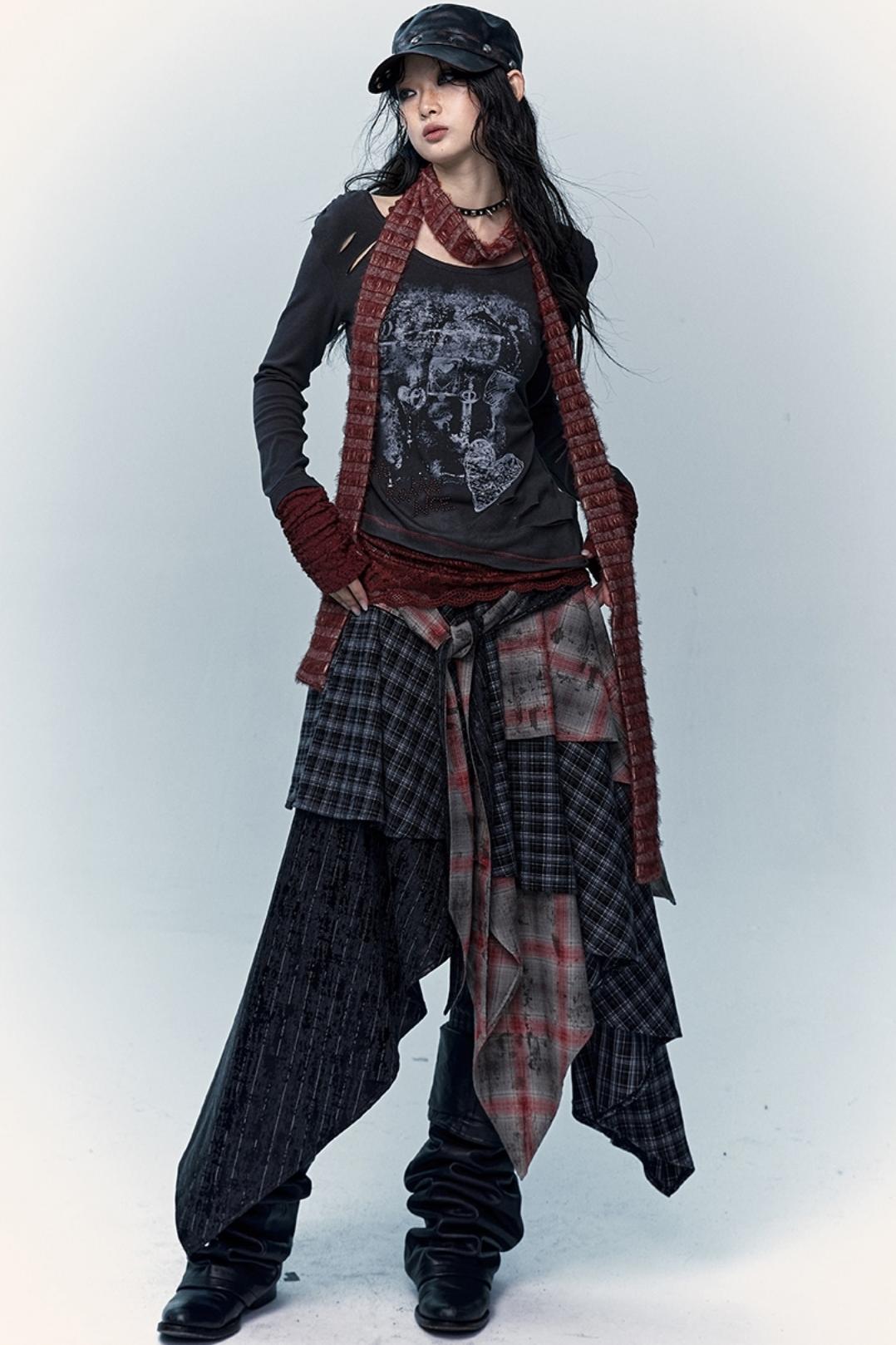 Multi-Layer Check Long Skirt