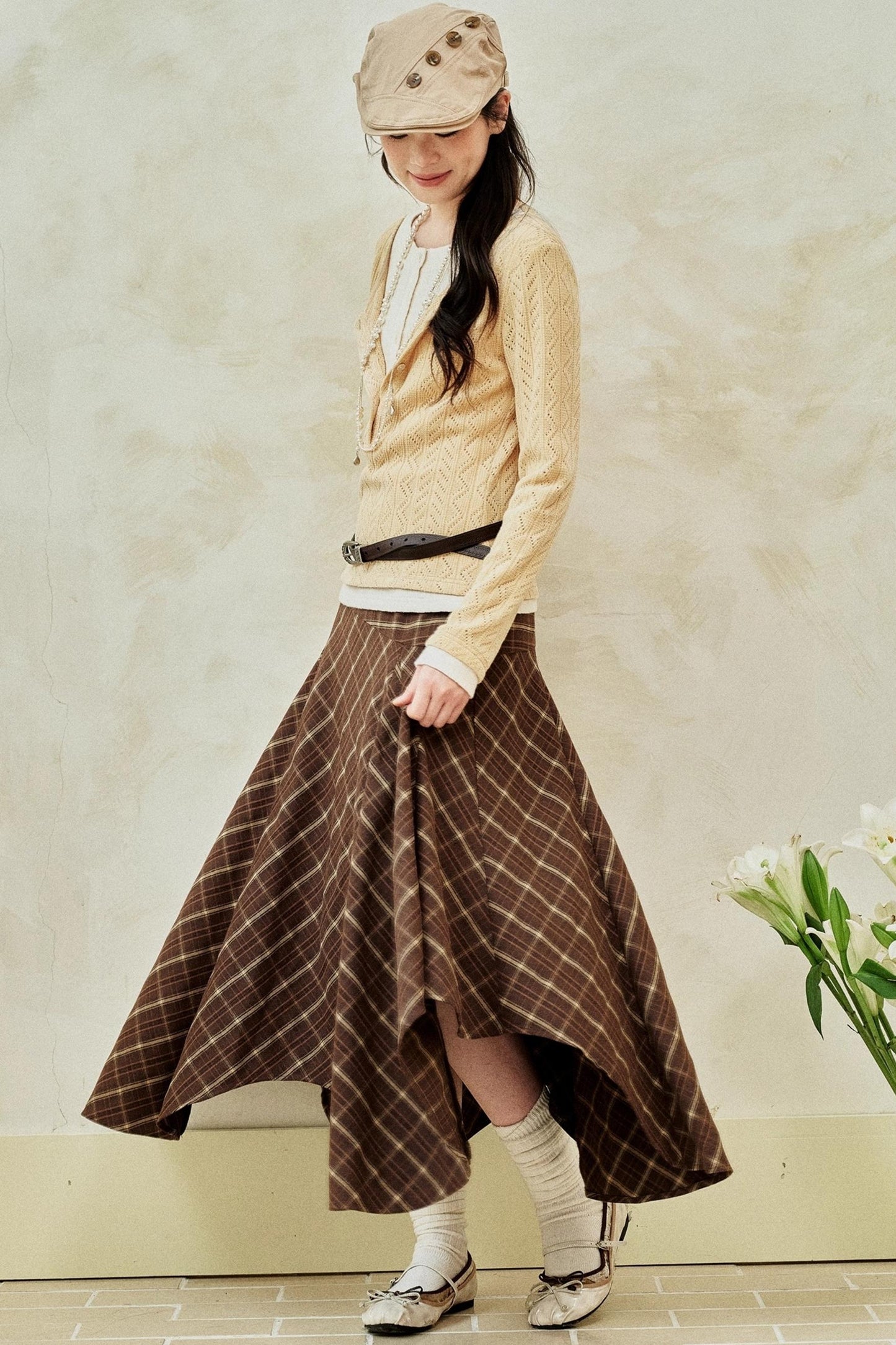 Gray-Brown Two-Tone Plaid Irregular Skirt