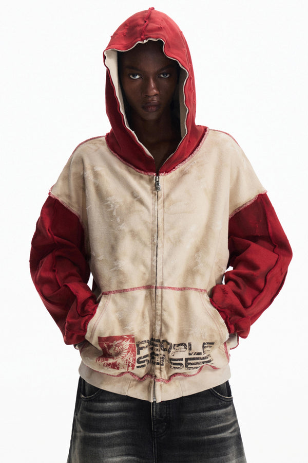 Distressed Scuffed Hooded Cardigan