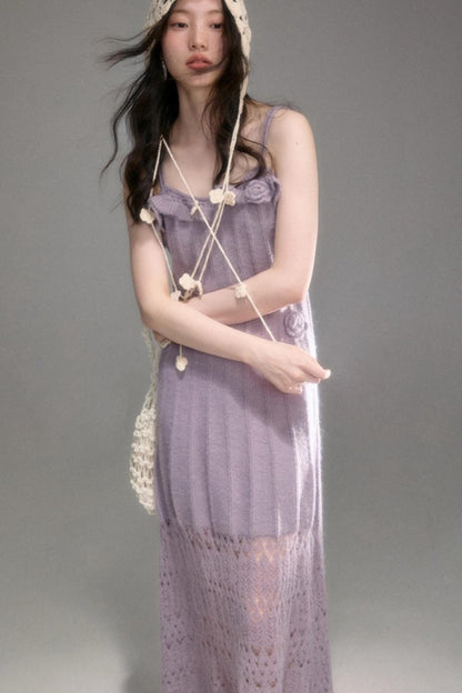 Crochet Knit Camisole Dress Cardigan Set-Up