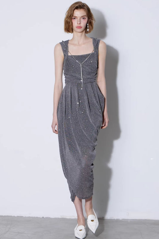 Rhinestone Pleated Knit Dress