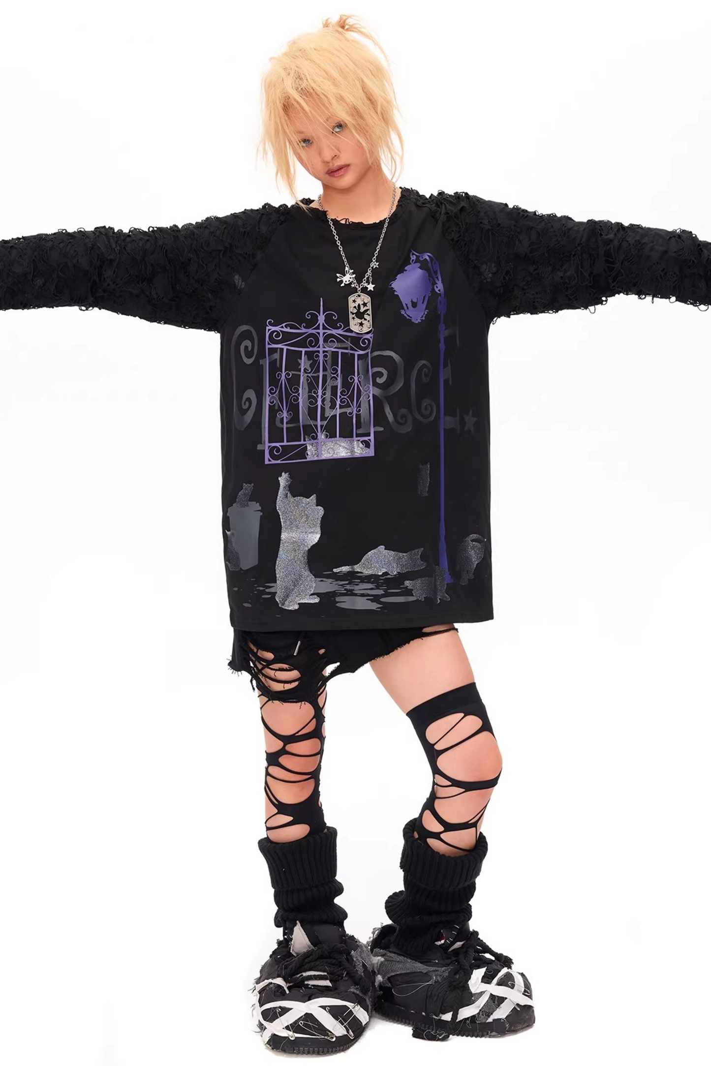 Dunkle-Nacht-Katzen-Print-Bluse
