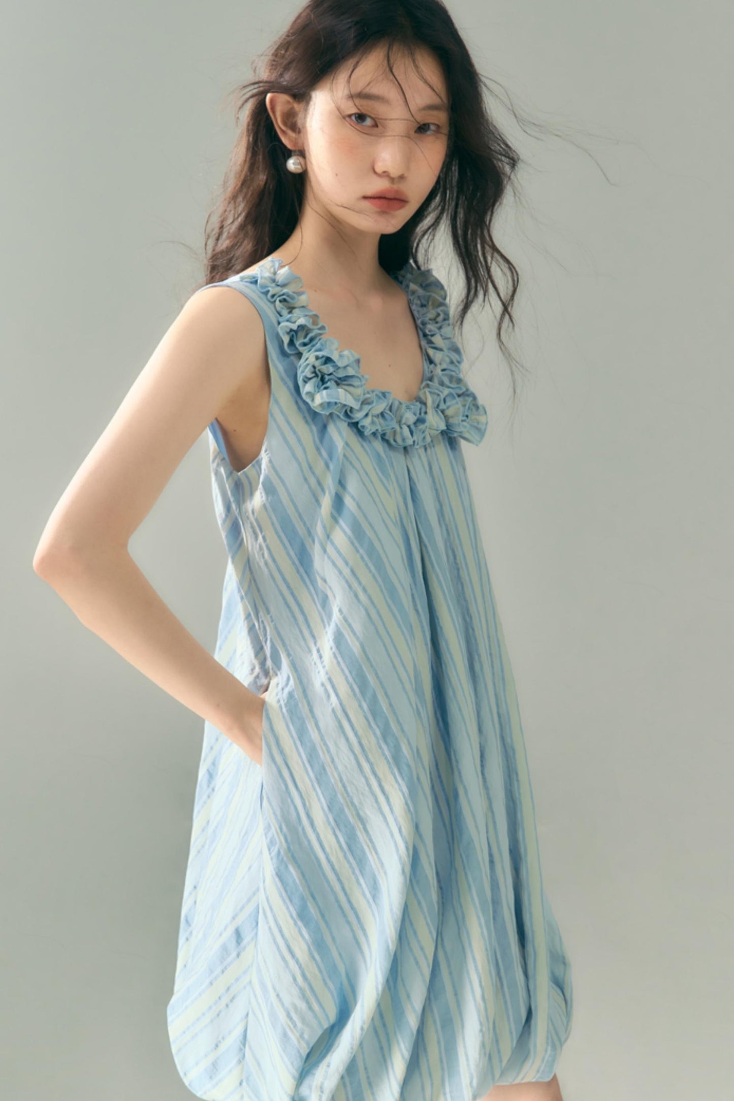 Blue Jellyfish Embroidered Striped Vest Dress