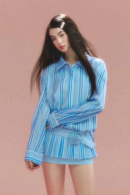 Retro Striped Shirt And Pleated Skirt Set-Up