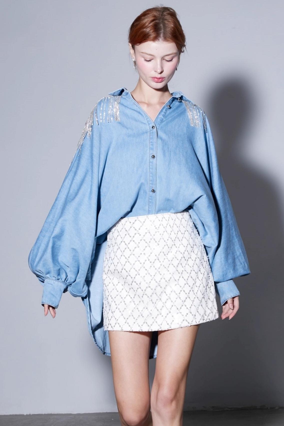Autumn Silk Cotton Diamond Denim Shirt