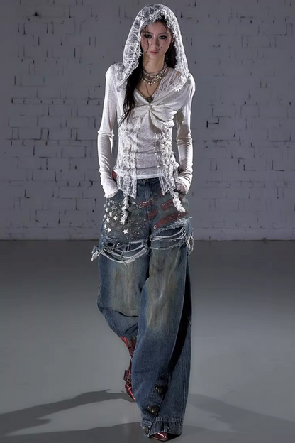 Retro Print Denim Pants