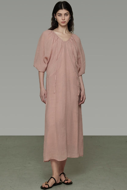 Lantern Sleeve Linen Dress