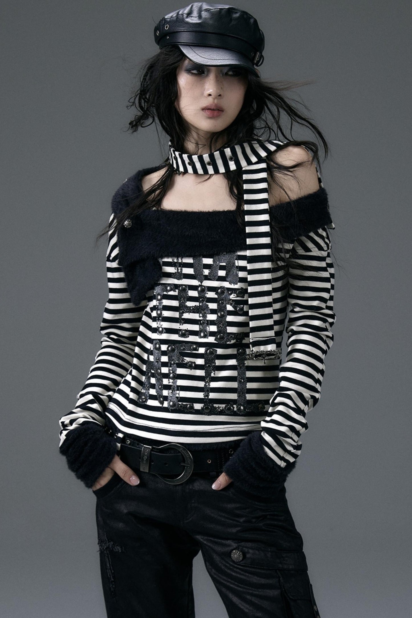 Diagonal Stripe Punk Long-Sleeve Top