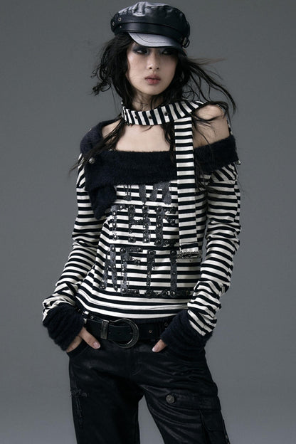 Diagonal Stripe Punk Long-Sleeve Top