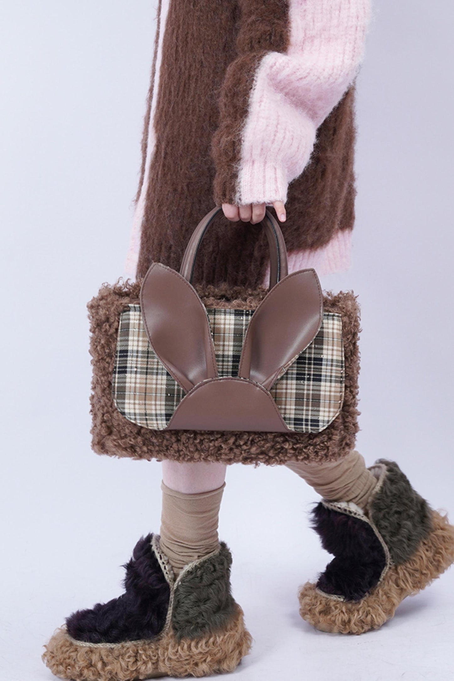 Plaid Rabbit Fur Tote Bag