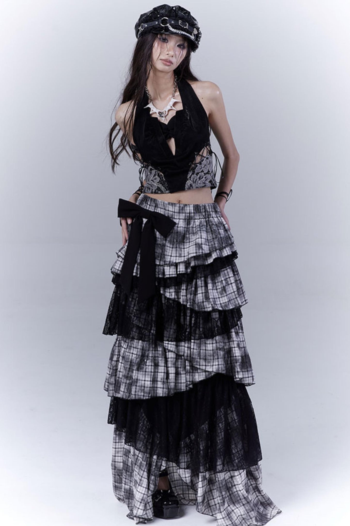 Wilderness Lace-Trimmed Plaid Bustier Skirt