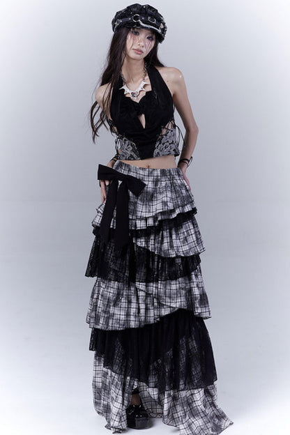 Wilderness Lace-Trimmed Plaid Bustier Skirt