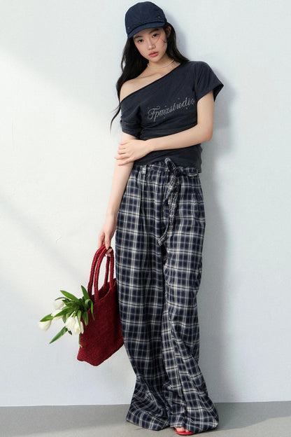 Asymmetrical Top and Plaid Pants Set-Up