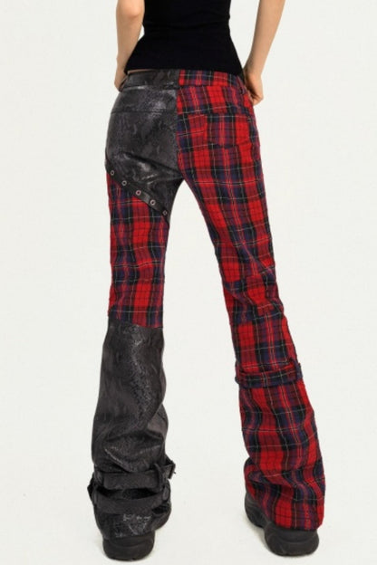 Plaid Patchwork Leather Pants