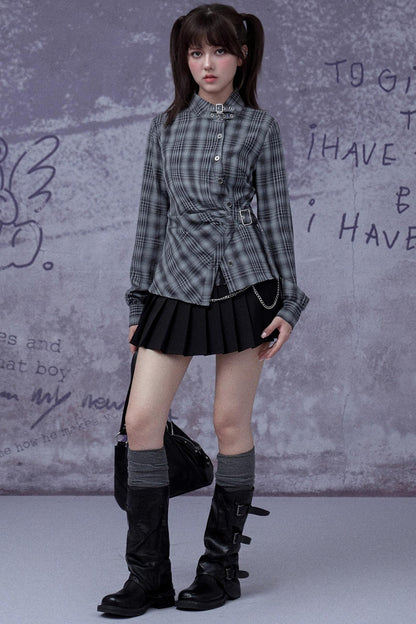 Gray-Blue Plaid Placket Long-Sleeved Shirt