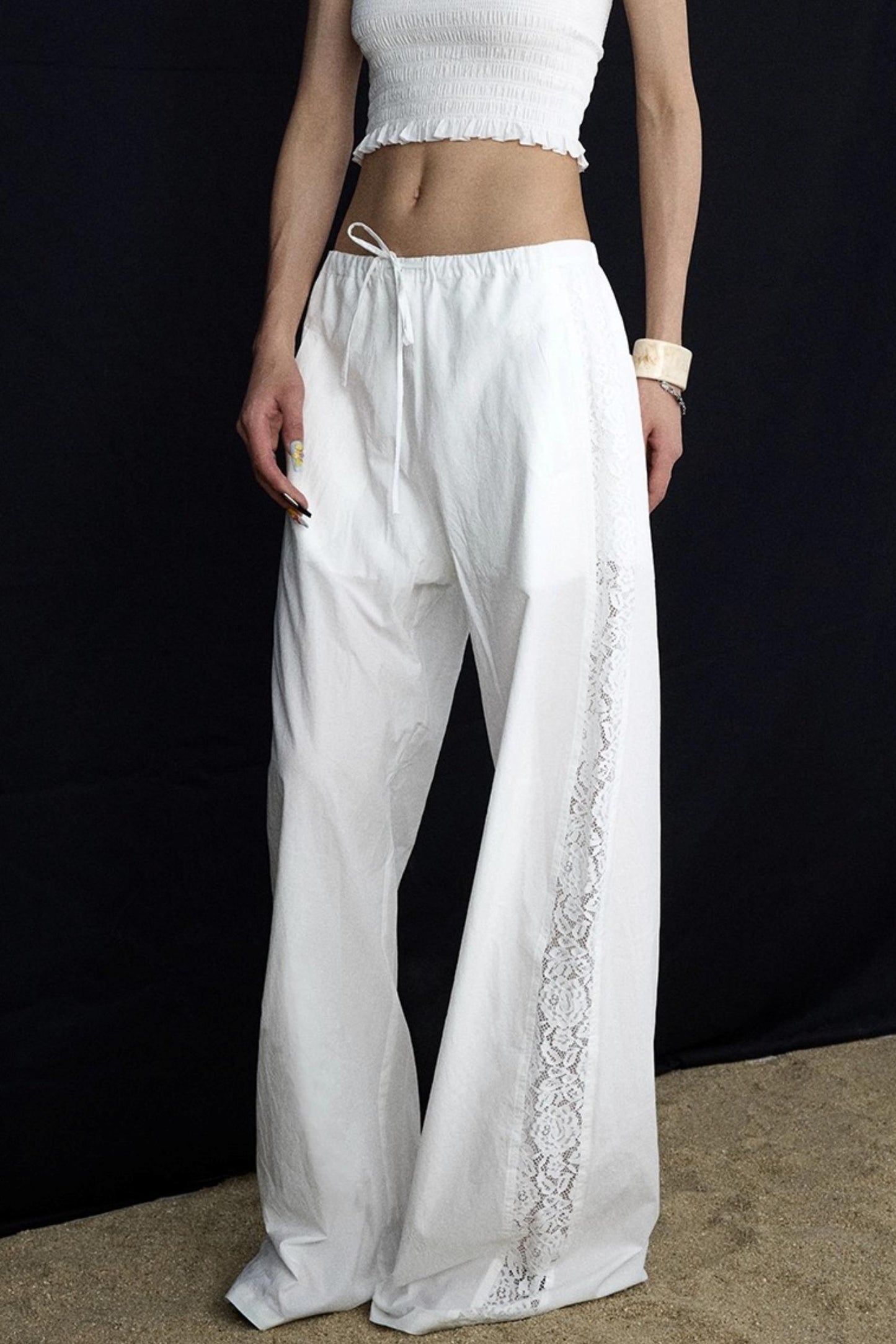 White Elasticated Waist Wide-Leg Trousers