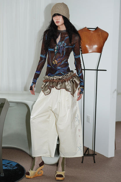 Chinese Mesh Cutout Long-Sleeved Top