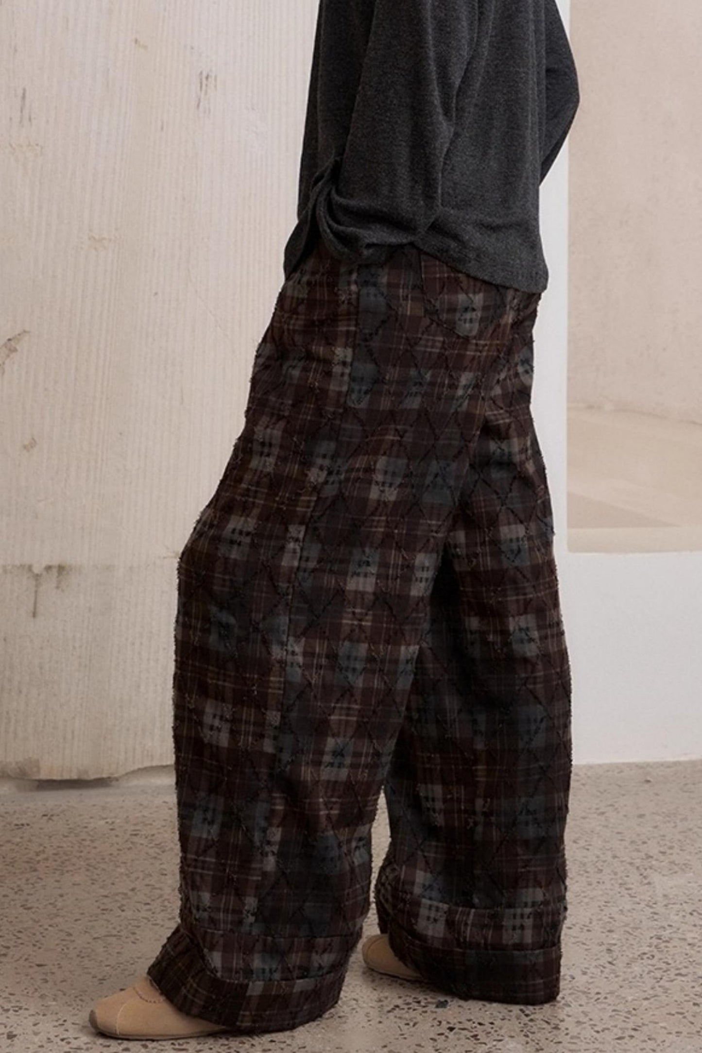 Textured Loose Plaid Trousers