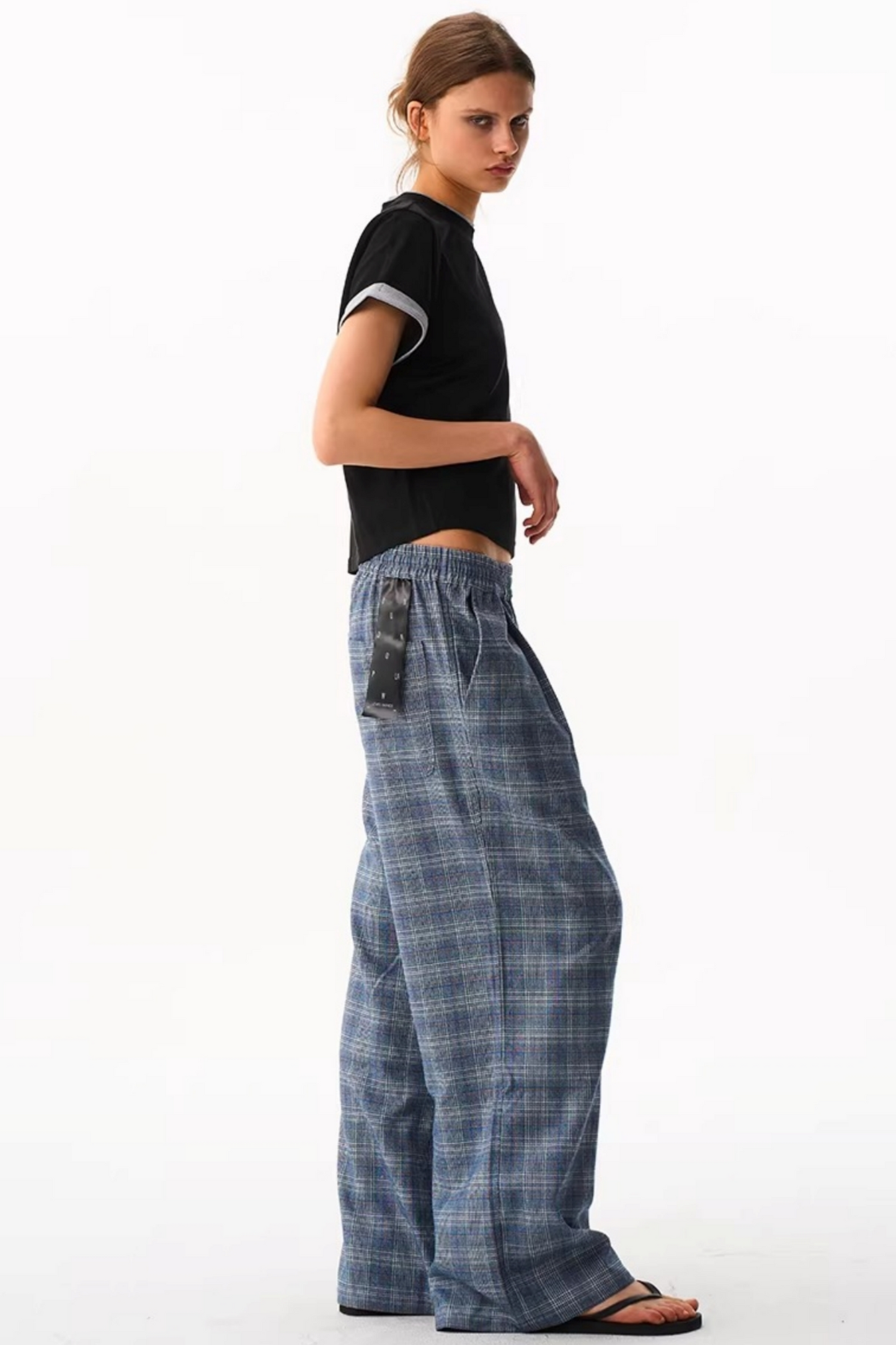 Blue Plaid Wide-Leg Pants