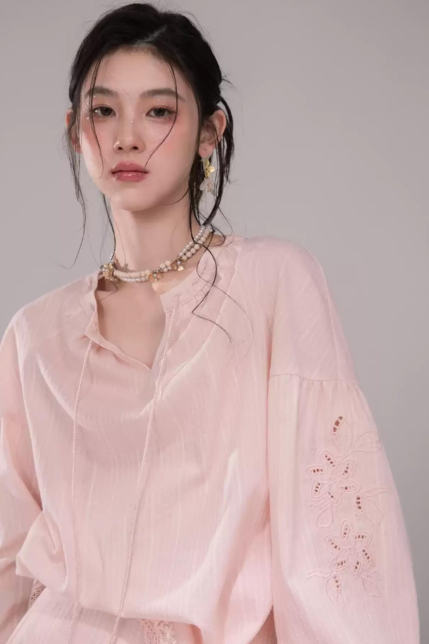 Cloud Peach Embroidered Striped Shirt Set-Up