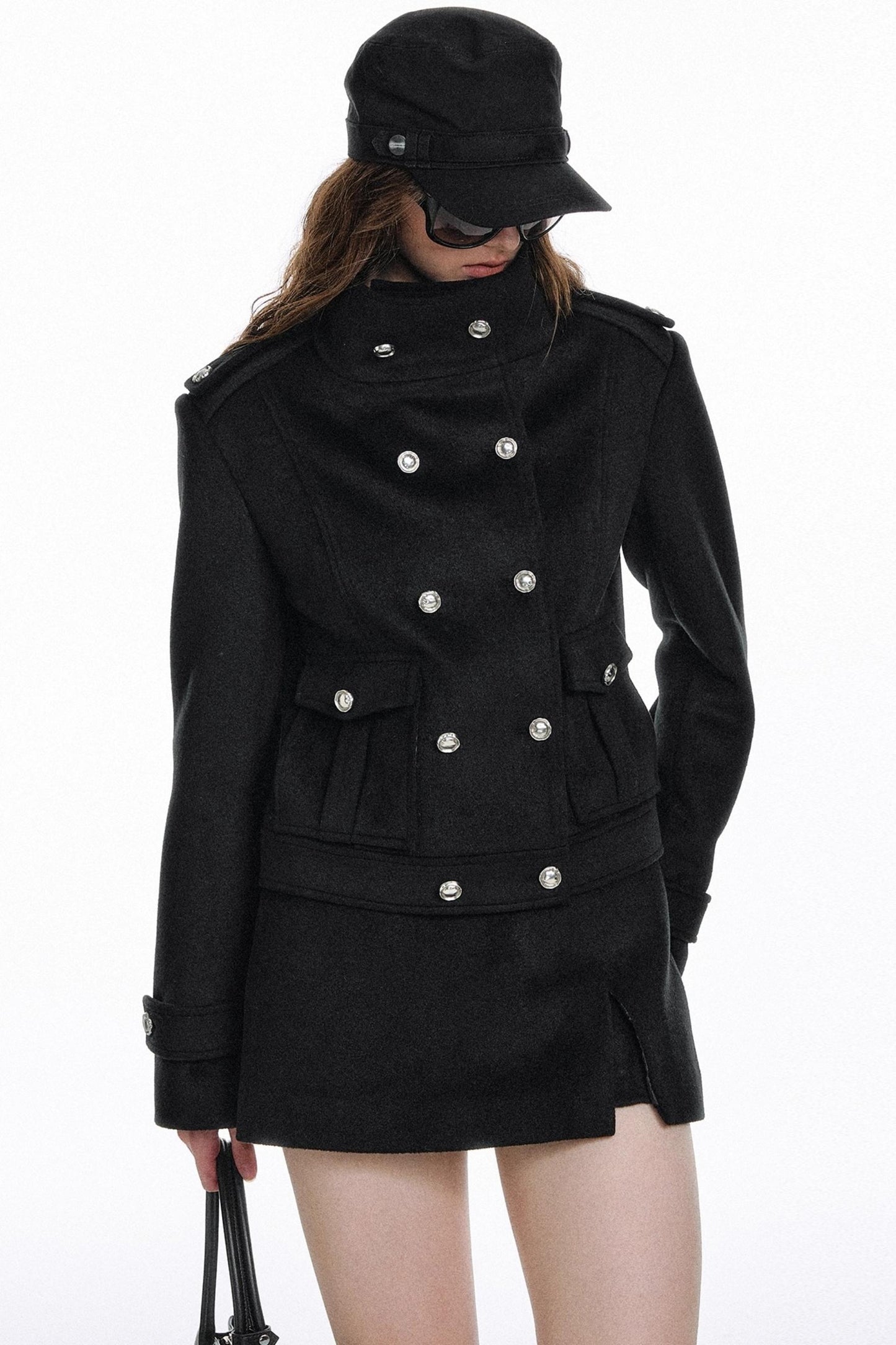 Classic High-Necked Black Woolen Skirt Set-Up