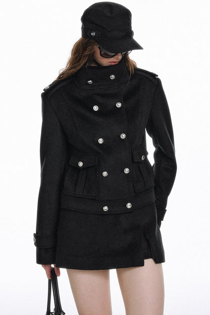 Classic High-Necked Black Woolen Skirt Set-Up