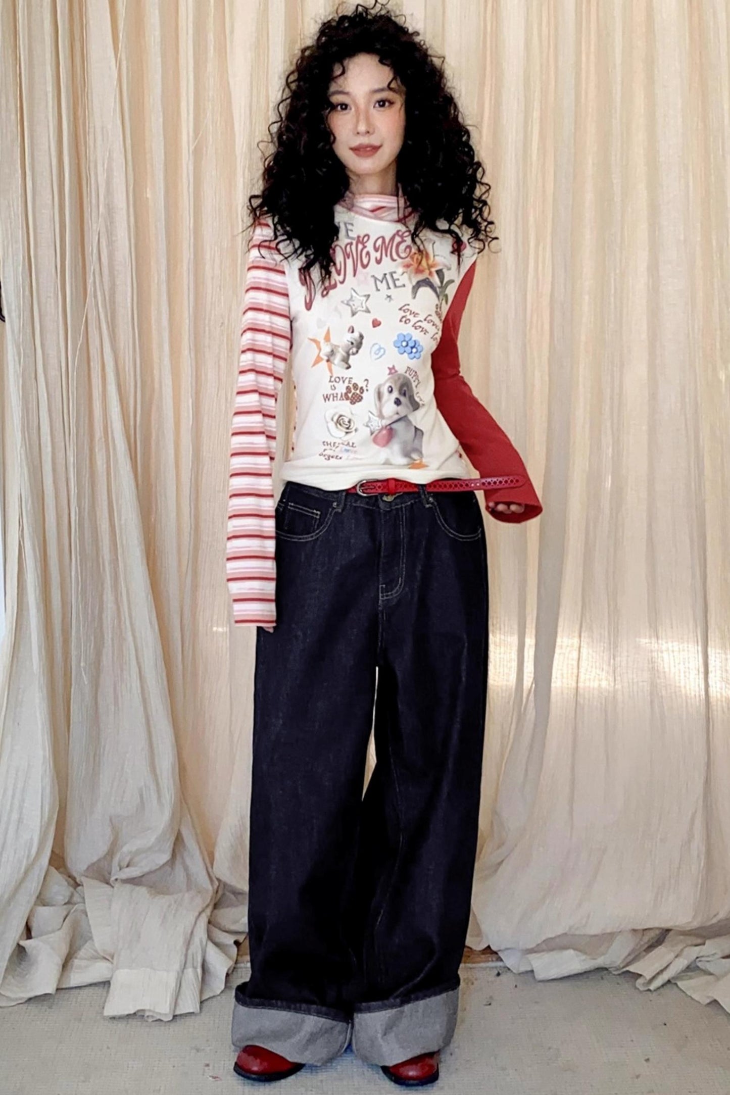 High-Neck Asymmetrical Print T-Shirt