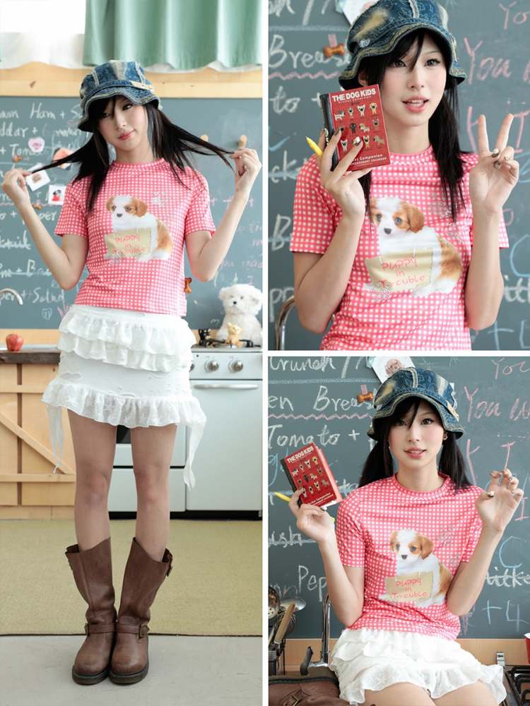 Cute Plaid Dog Print Short Sleeve Tee