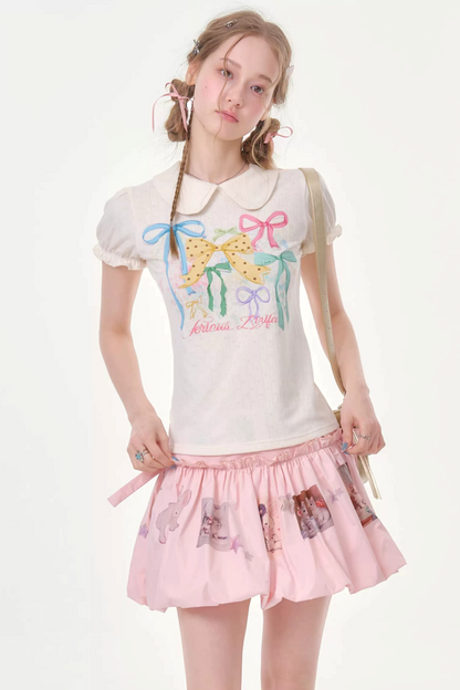 White Floral Bow Puff Sleeve T-Shirt
