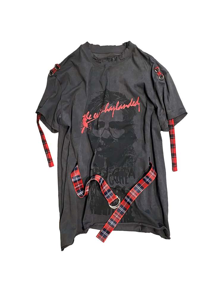 Plaid Belt Batik Graffiti Print Raw Edge Tee