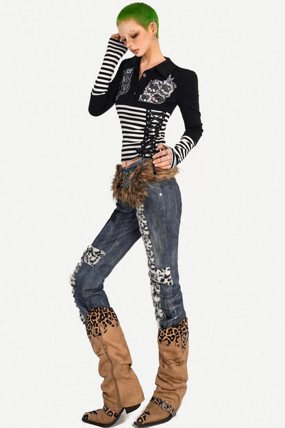 Light Punk Striped Patchwork Long Sleeve T-Shirt