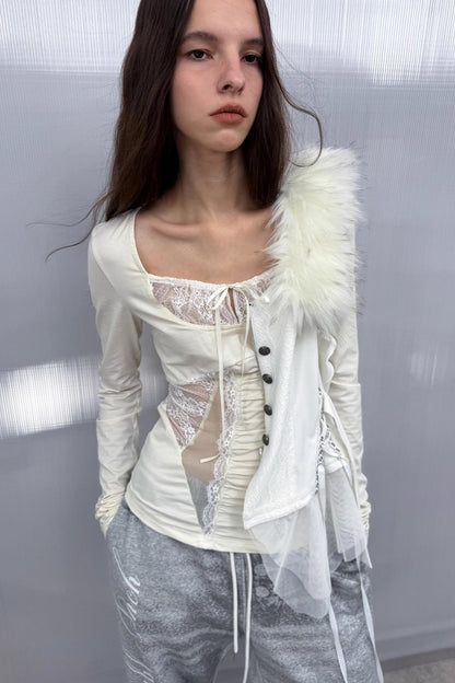 Shoulder Lace Girly Slim Long Sleeve T-Shirt