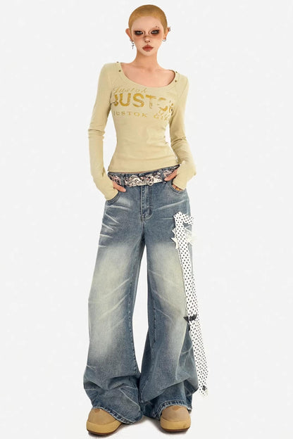 Textured Wide-Leg Denim Pants