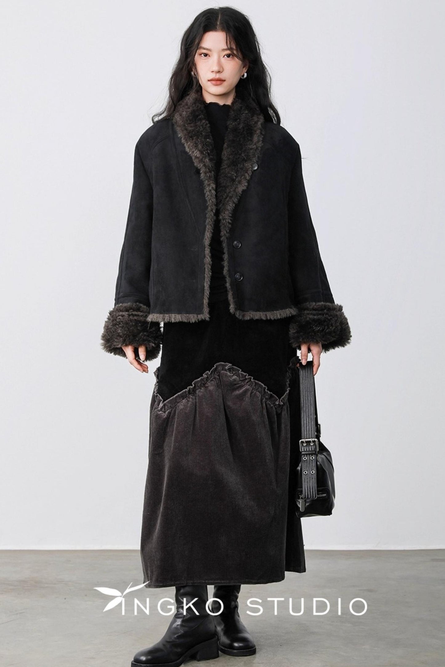 Gray Coffee Spliced Corduroy Skirt