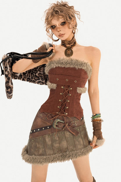Furry Patchwork Leather Skirt Set-Up