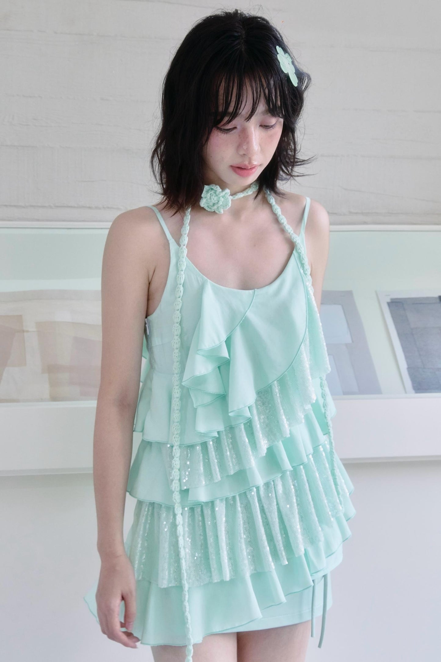 Green Sequin Ruffled Suspender Top