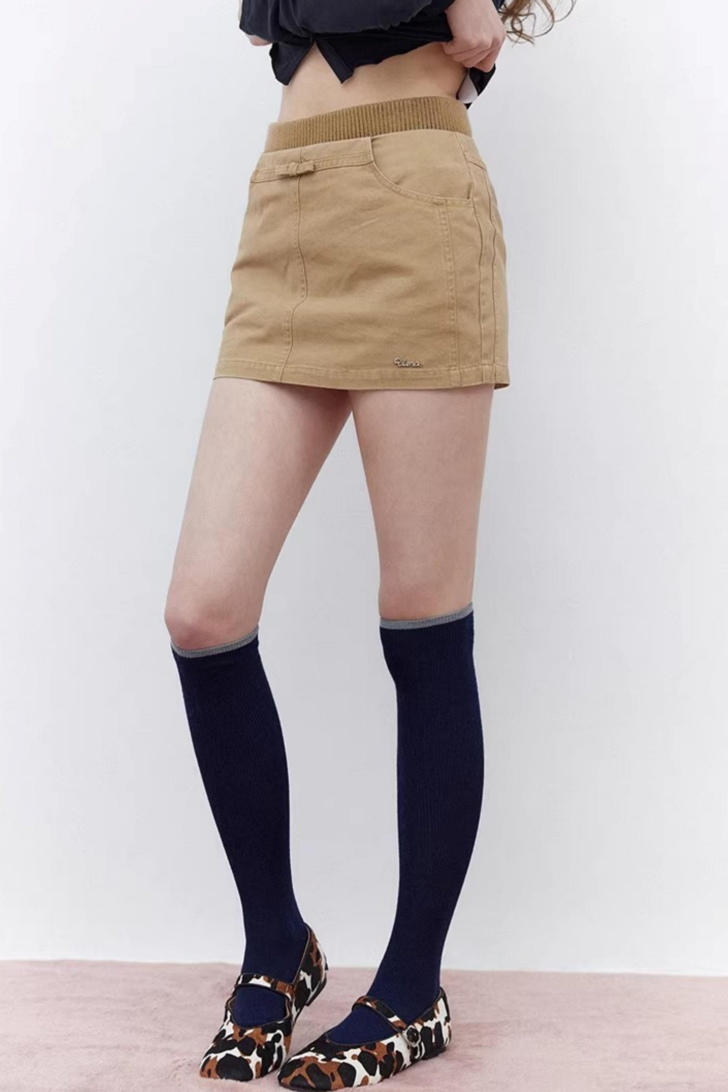 Khaki Waist Patchwork Ribbed Skirt