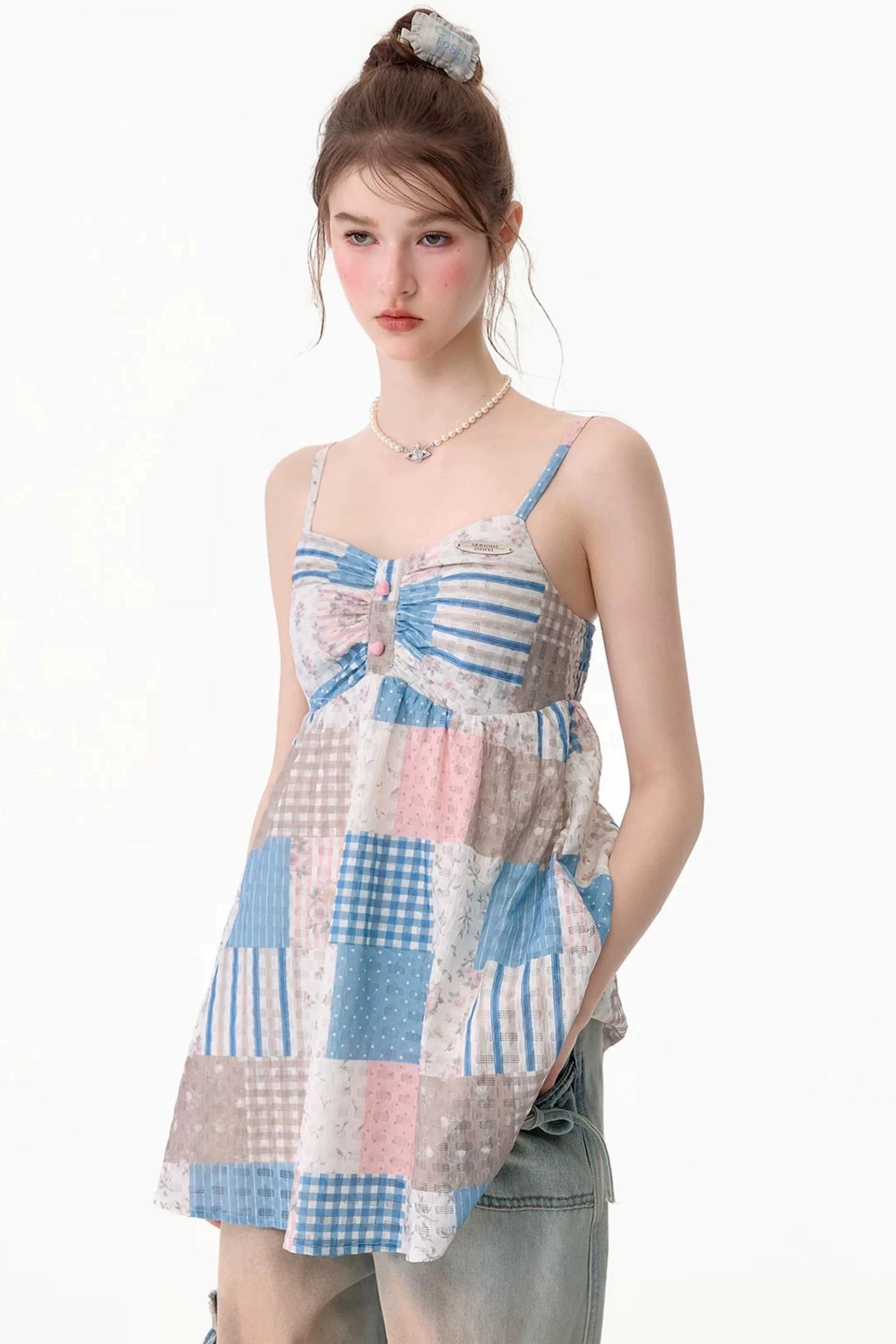 Contrasting Floral Plaid Tank Top