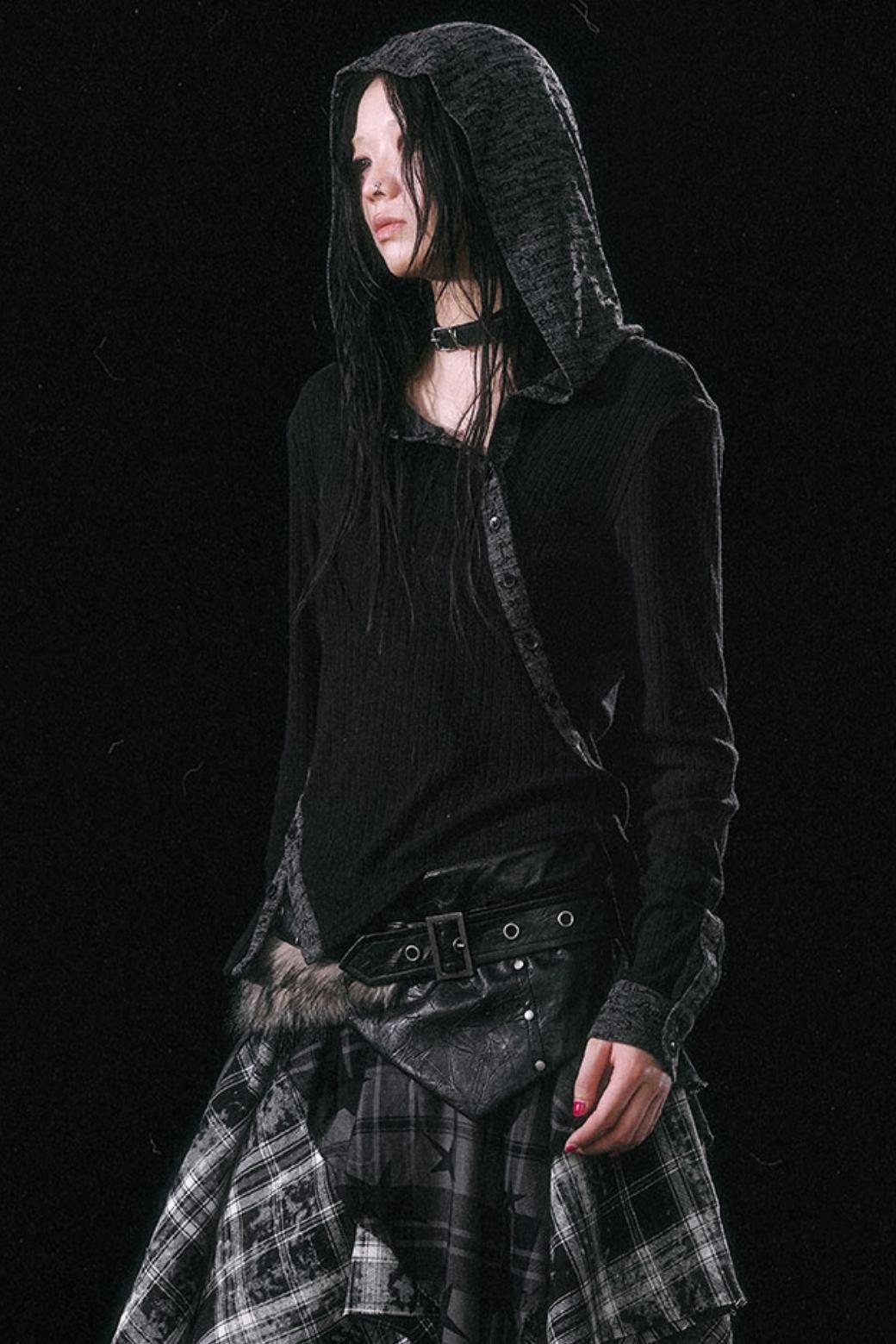 Black and Gray Knitted Hooded Slim Top