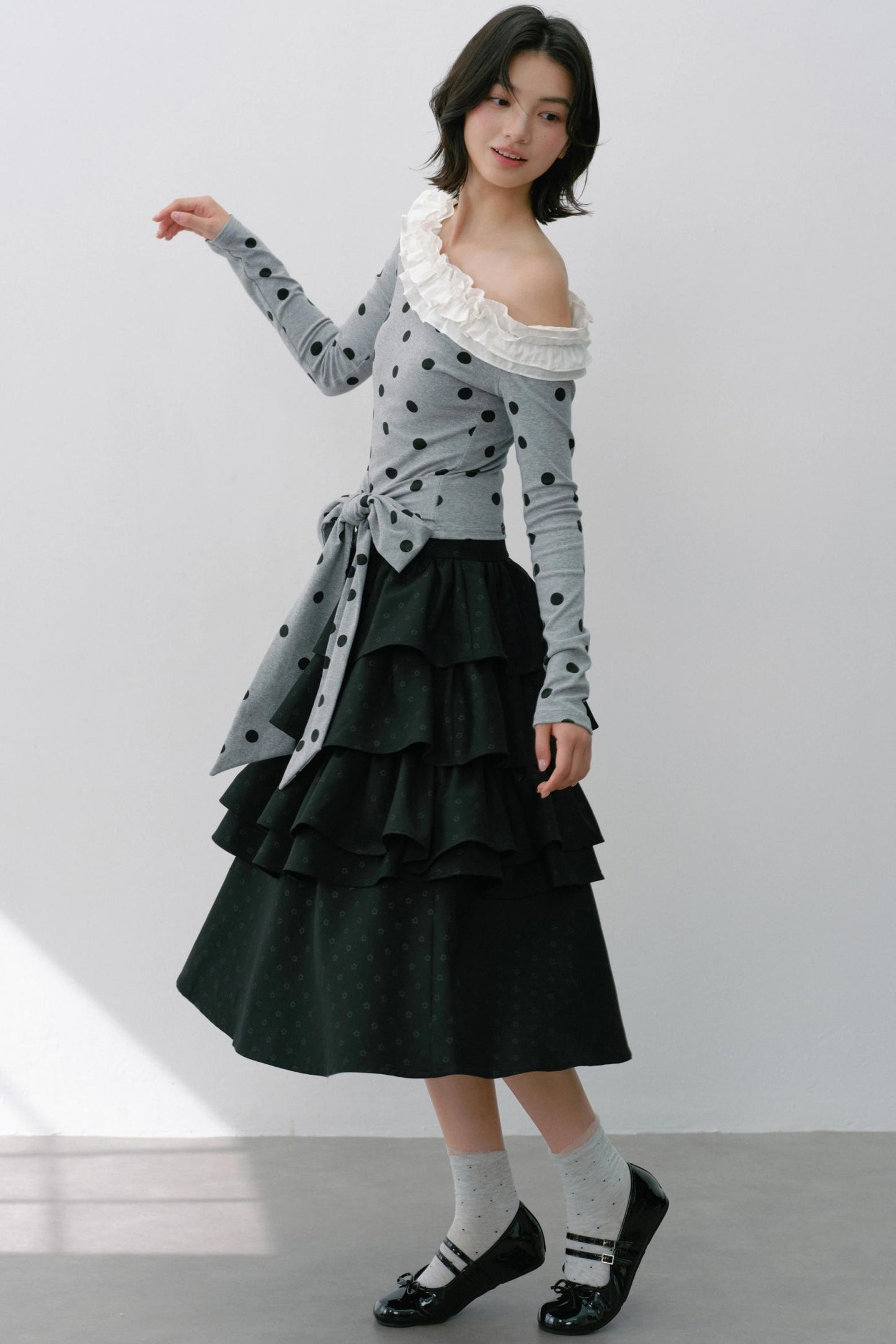 Slanted Polka Dot Long-Sleeved T-Shirt