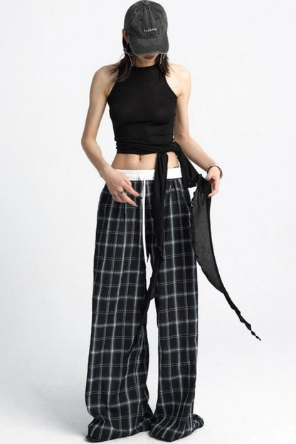 Summer Plaid Wide-Leg Pants