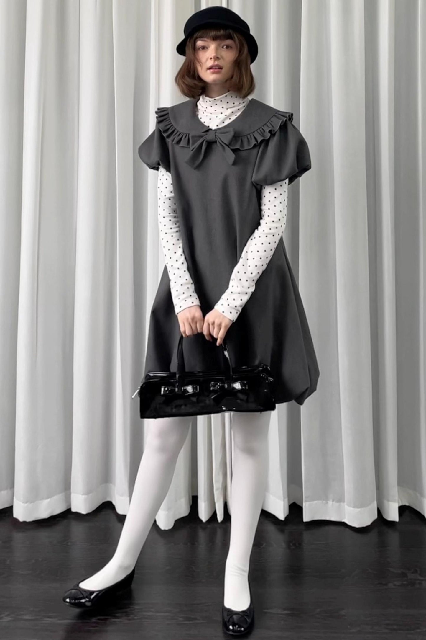 Gray Tweed Bow Lace Puff Sleeve Dress