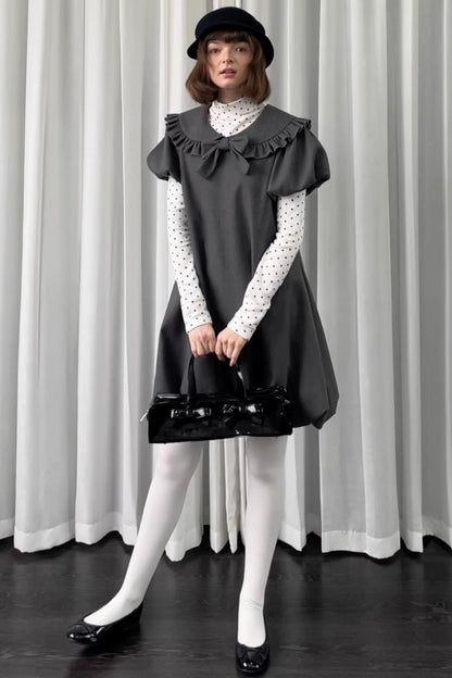 Gray Tweed Bow Lace Puff Sleeve Dress
