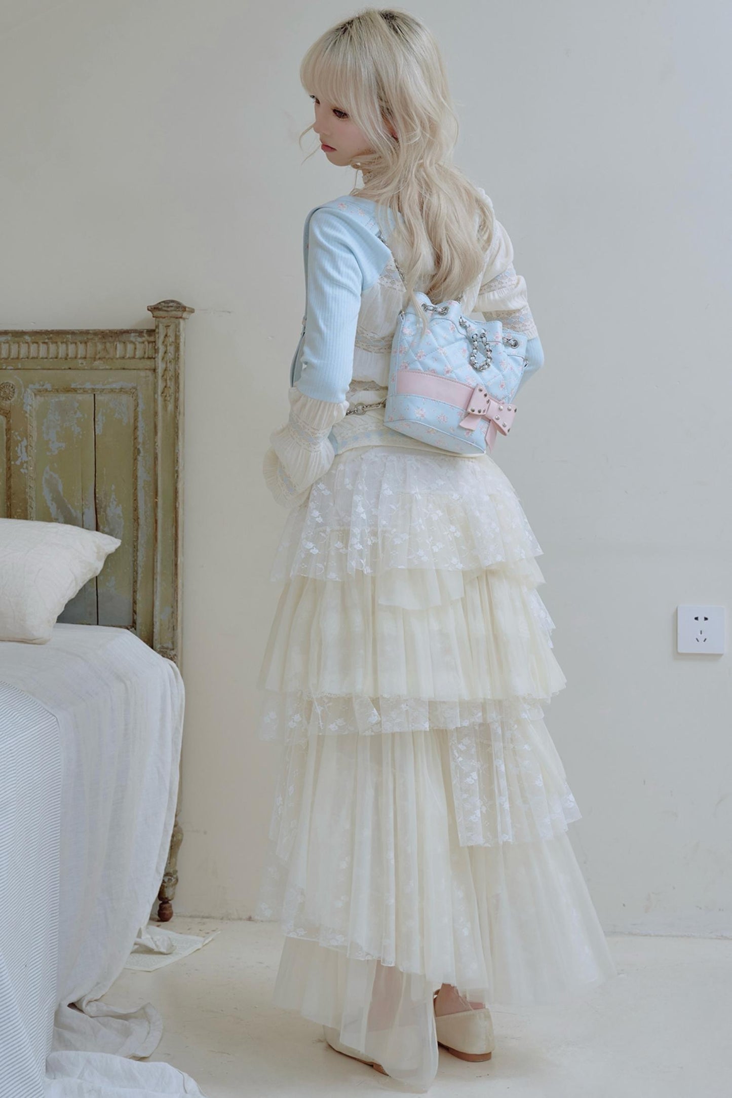 Beige Lace Patchwork Chiffon Skirt