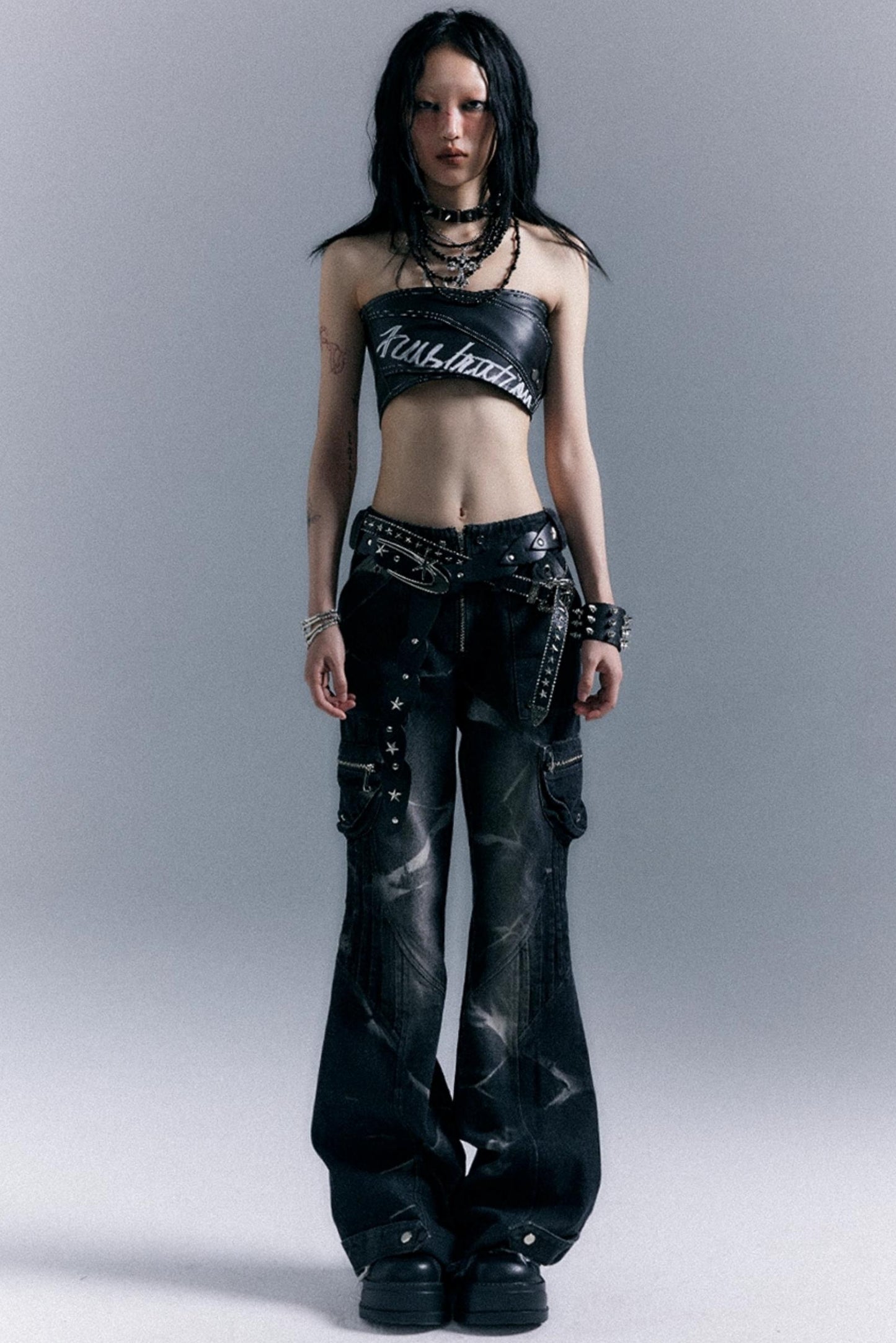 Vintage Studded Denim Flared Pants