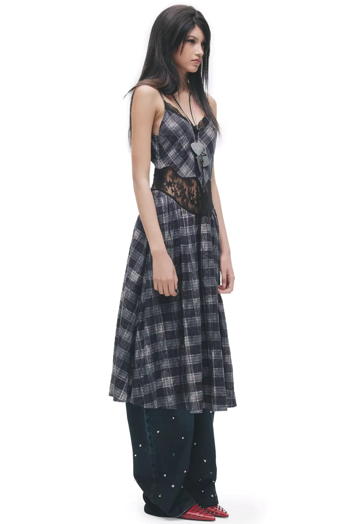 Color-Blocking Karo-Kleid im Distressed-Look