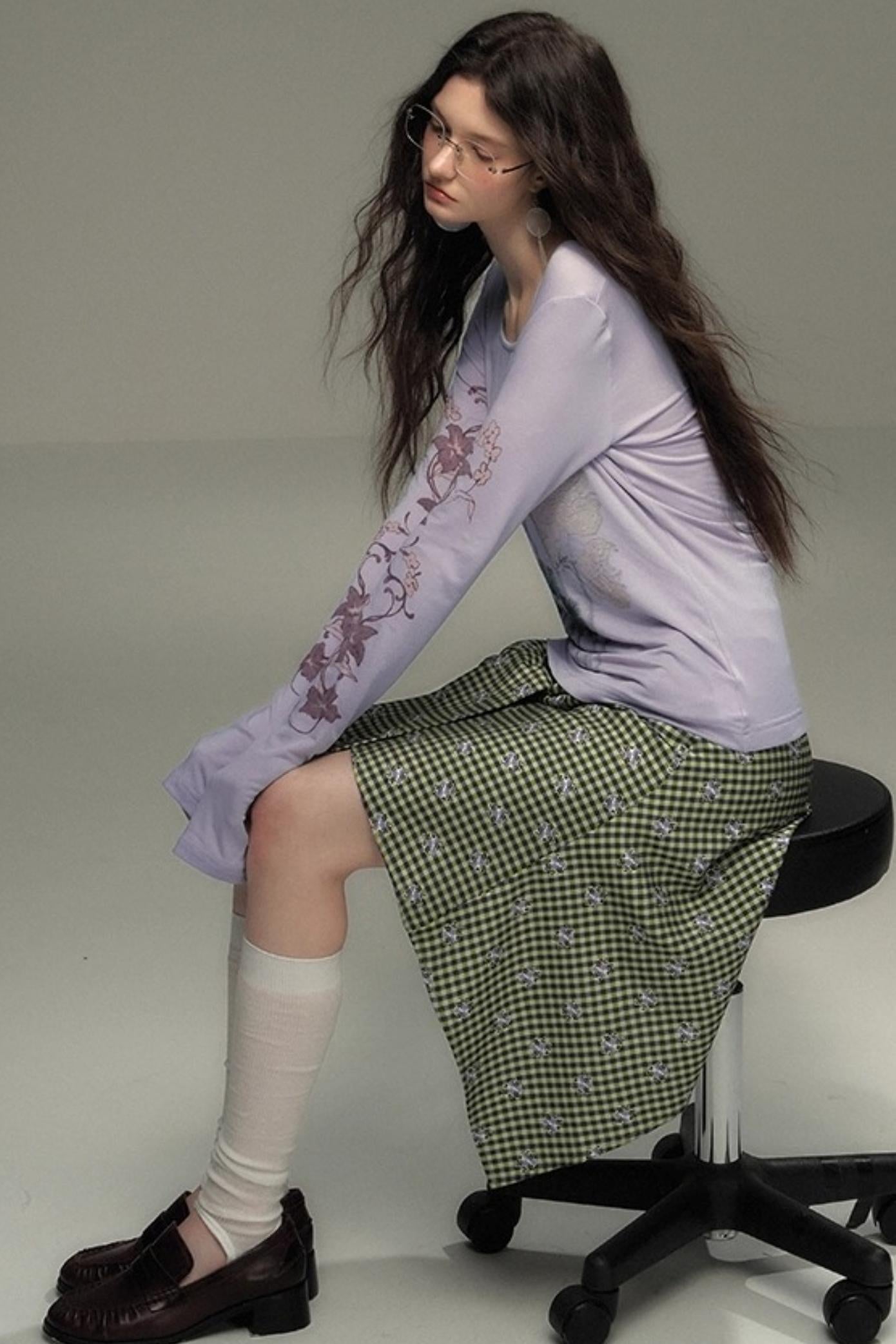 Retro Green Check Lace-Up Skirt