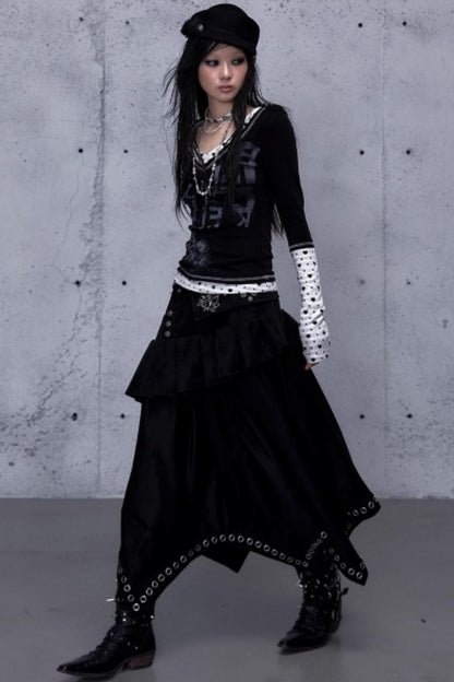 Dark Punk Patchwork Midi Skirt