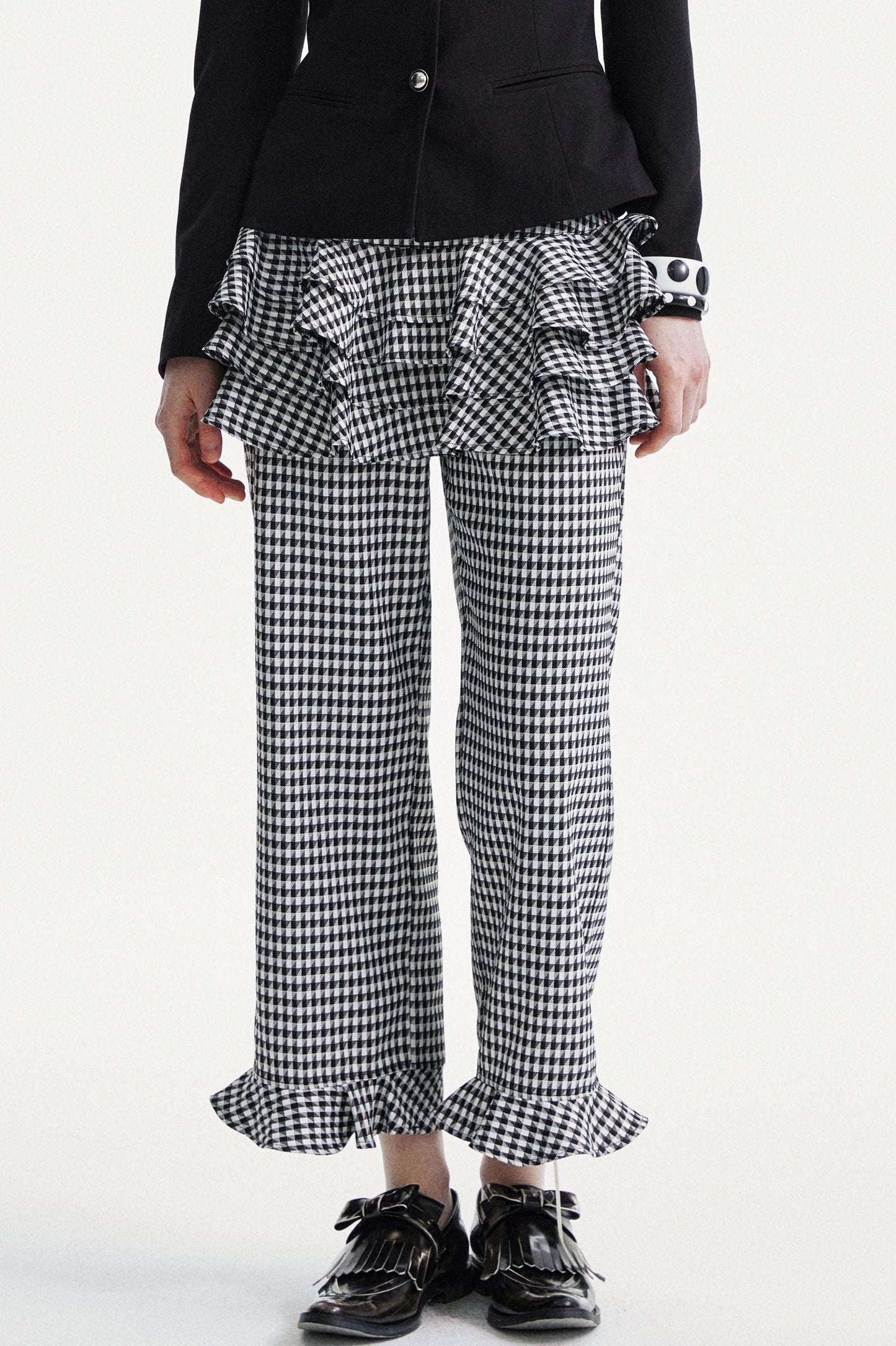 Lace Trim Checkered High Waist Pants